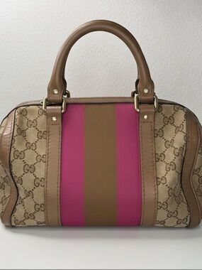 Gucci Vintage GG Canvas Joy Small Boston Bag with Pink and Brown Web Stripe